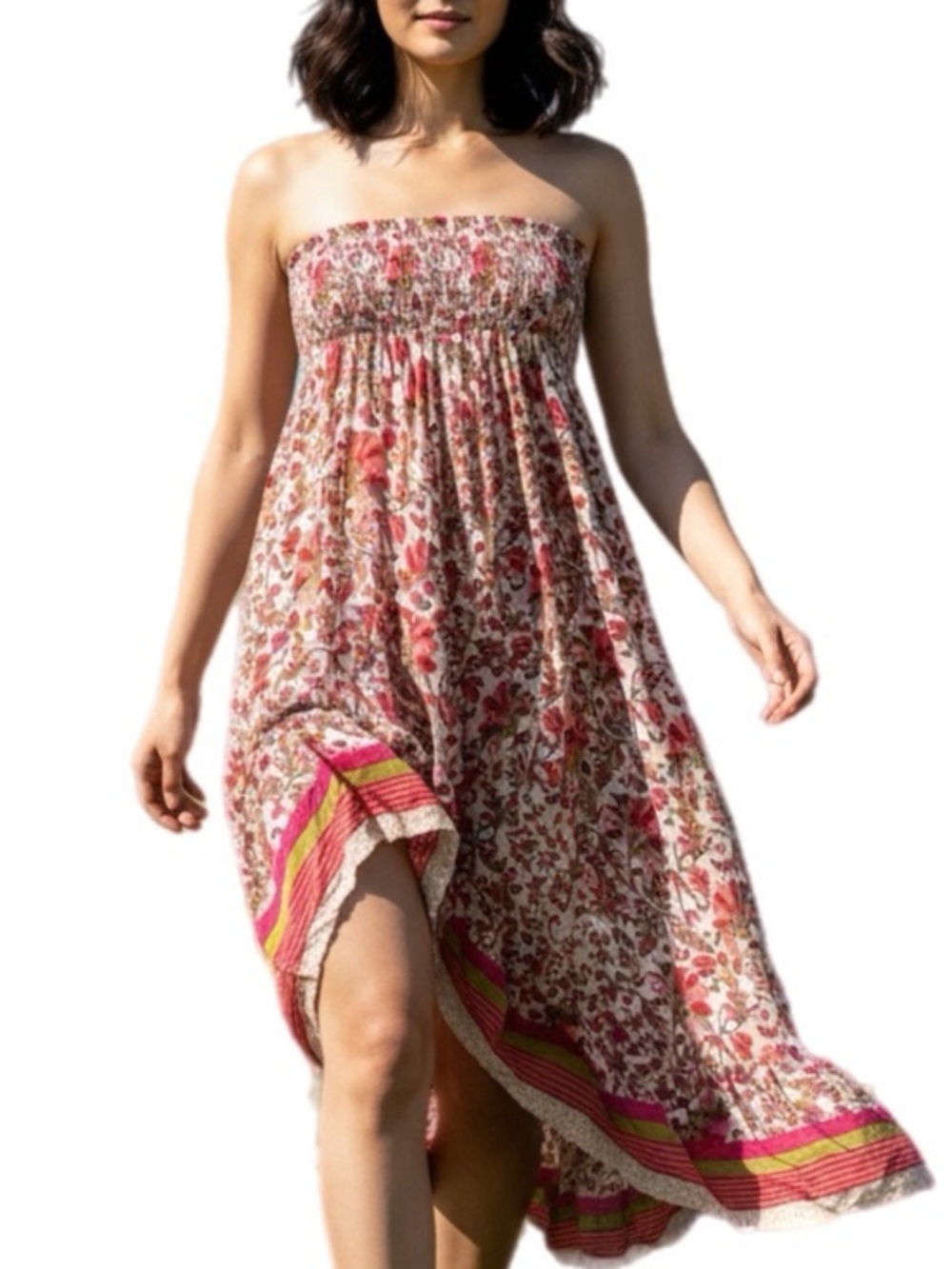 Strapless Floral Asymmetrical Hem Midi Dress Pink & Tan